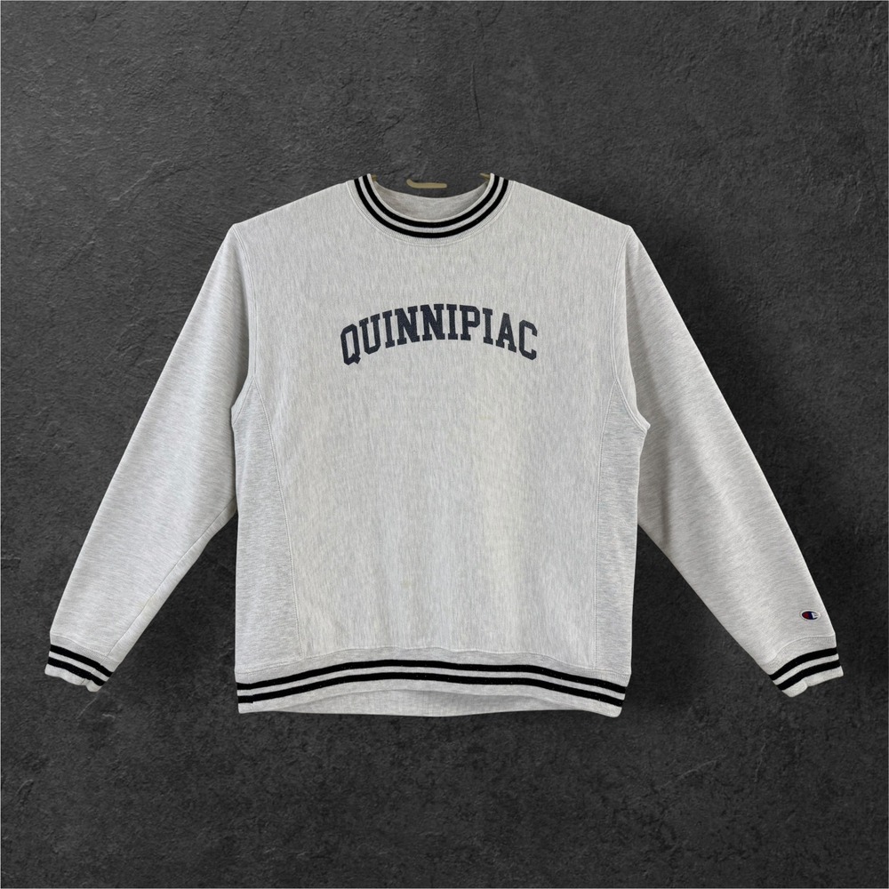 Champion Reverse Weave Quinnipiac Sweatshirt Mens Large Gray Navy Striped Trim